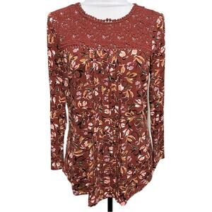 Daniel Rainn Lace Yoke Front Pleat Long Sleeve Floral Blouse Women’s Small Rust